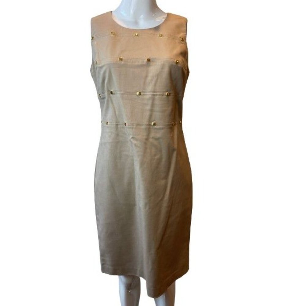 Calvin Klein Womens Sheath Dress Studded Detail Round Neck Back Zip Beige Size 6